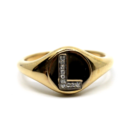 Gold Signet Ring with Diamond "L" Initial