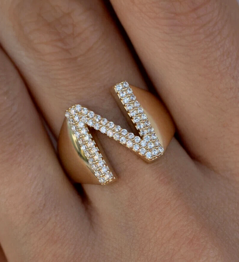 Gold Initial "N" Ring with Diamond Accents