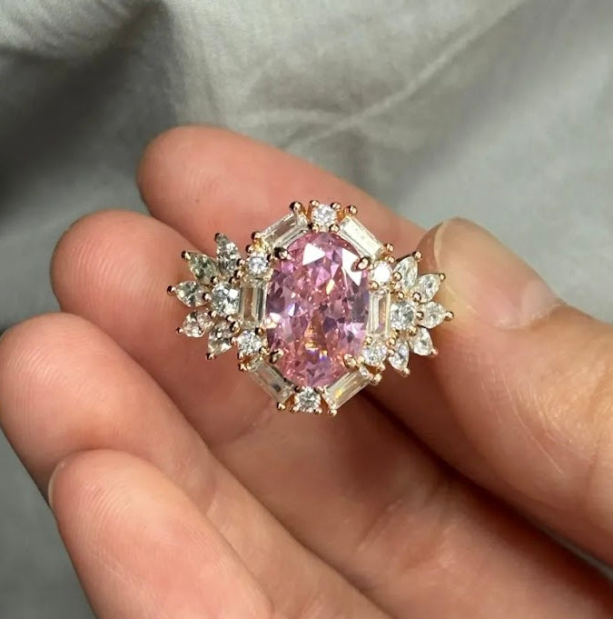 3-Carat Oval-Cut Pink Sapphire Engagement Ring with Halo in Rose Gold