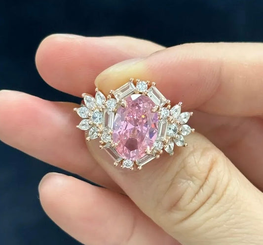 3-Carat Oval-Cut Pink Sapphire Engagement Ring with Halo in Rose Gold